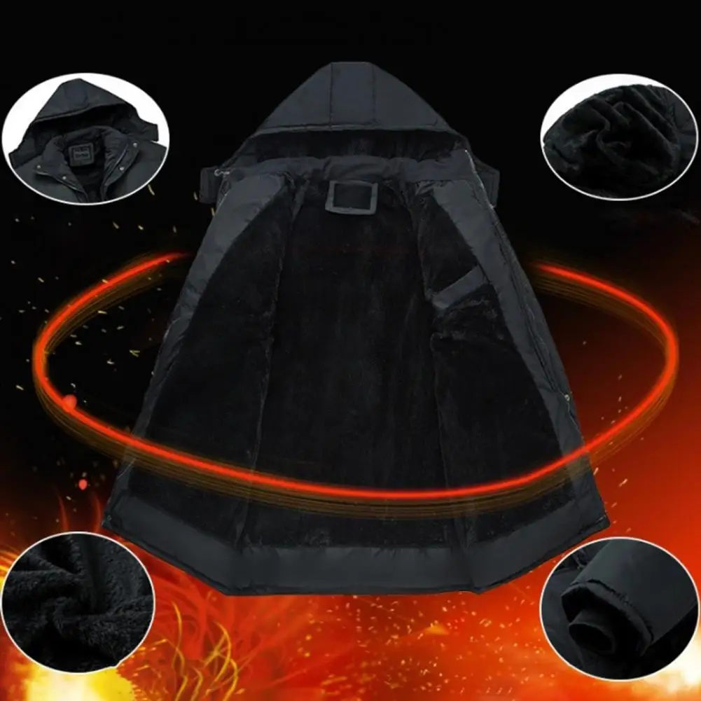 Fleece Lining Stand Collar Long Sleeve Pockets Buttons Zipper Placket Men Coat Winter Thickened Cotton Padded Mid-Length Hooded