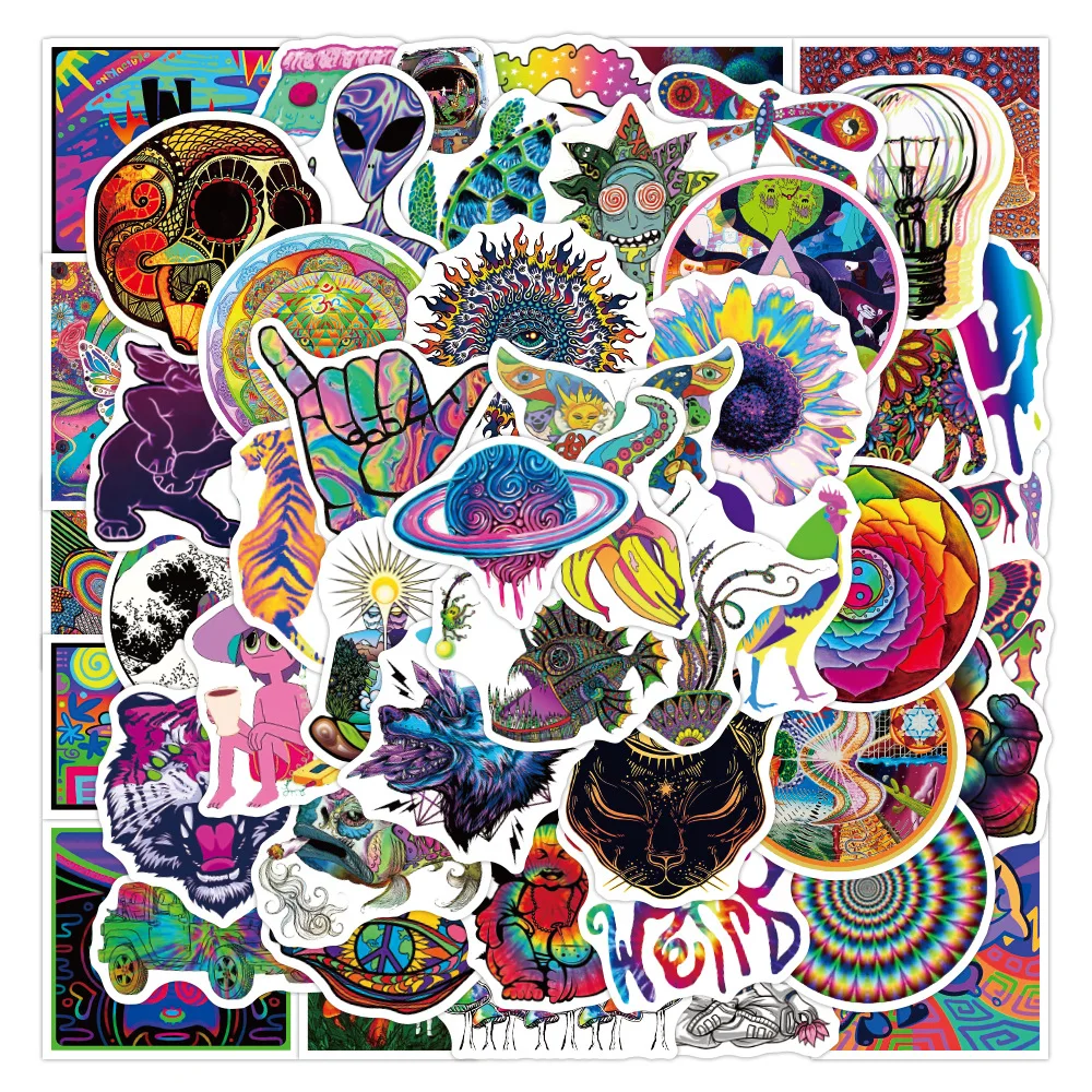 

50Pcs Cool Psychedelic Stickers Aesthetic Colorful Waterproof Decals For Laptop Luggage Notebook Car Forest Animal Alien Sticker