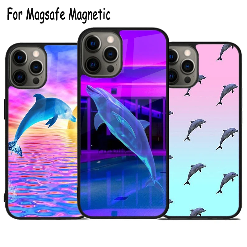 Vaporwave Dolphin Беспроводная зарядка Magsafe чехол для телефона iPhone 15 16 14 13 11 12 Pro Max Plus
