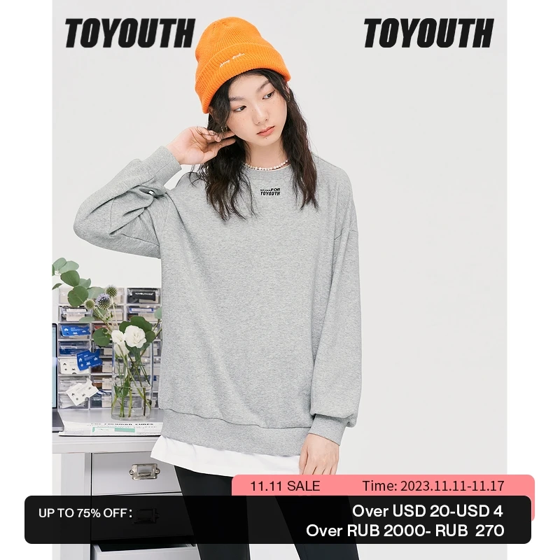 

Toyouth Women Fake Two Piece Sweatshirts 2022 Winter Long Sleeve O Neck Loose Hoodie Letter Print Blue Gray Casual Pullover