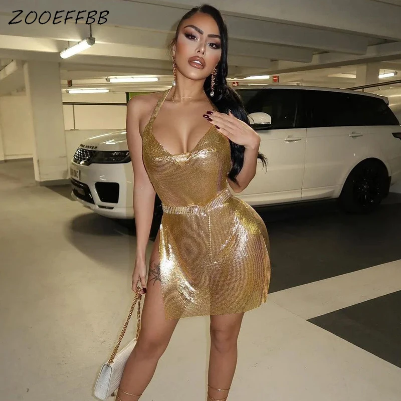 

ZOOEFFBB Sexy Glitter Gold Backless Split Mini Dresses for Women 2022 Summer Party Dress Vacation Night Club Birthday Outfits