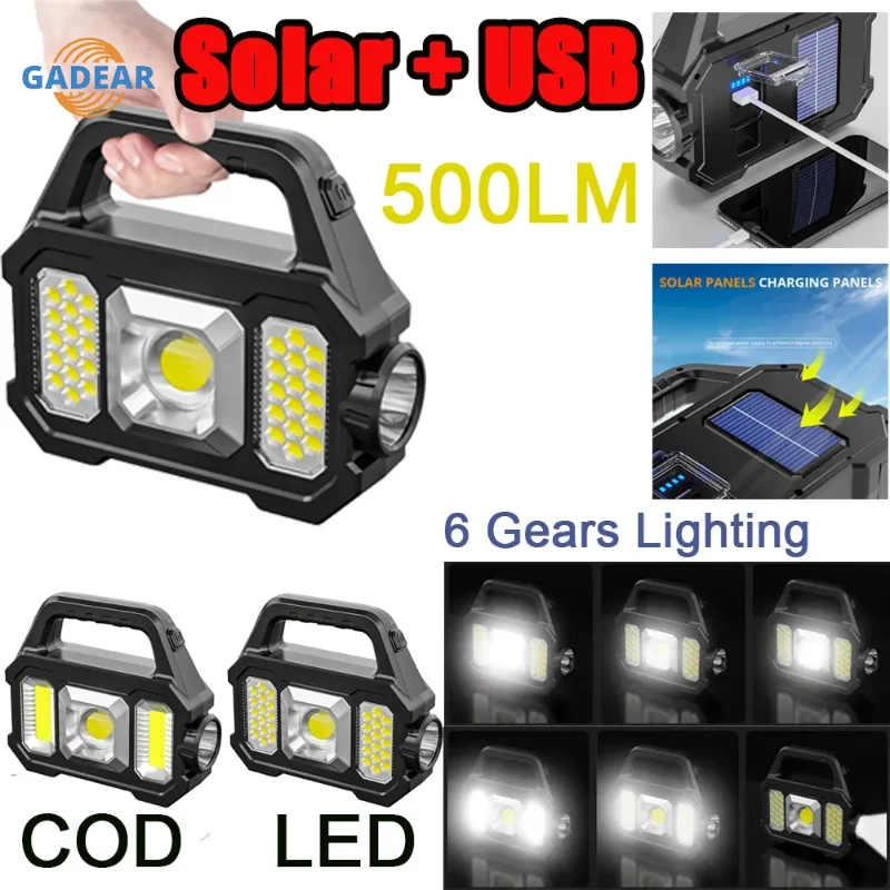 

6 Gears Rechargeable Lamp Waterproof Portable Camping Lantern Solar USB Camping Lights Portable Flashlight for Outdoor 500LM
