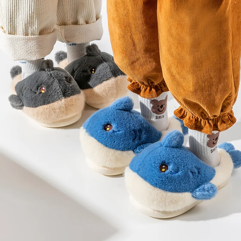 

3D Shark Cartoon Children Family Slippers Winter Warm Floor Shoes For Kids Mum Dad 2023 Plush Thick Soft Boys Girls Slippers