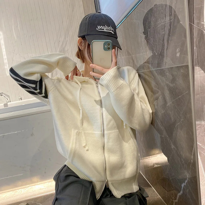 

Корейский стиль, новинка, осень/зима, плотный вязаный кардиган, Женская куртка на весну и осень, свитер с капюшоном, куртка, короткий свитер