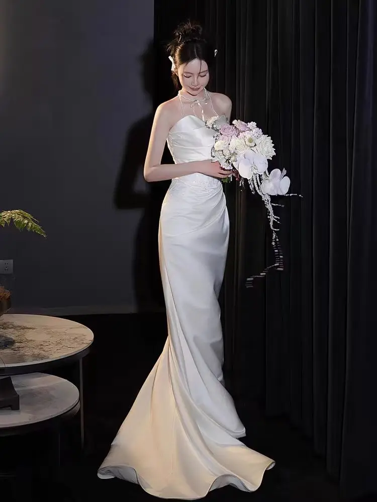 Французское белое топ-труба атласное легкое свадебное платье простое вечернее