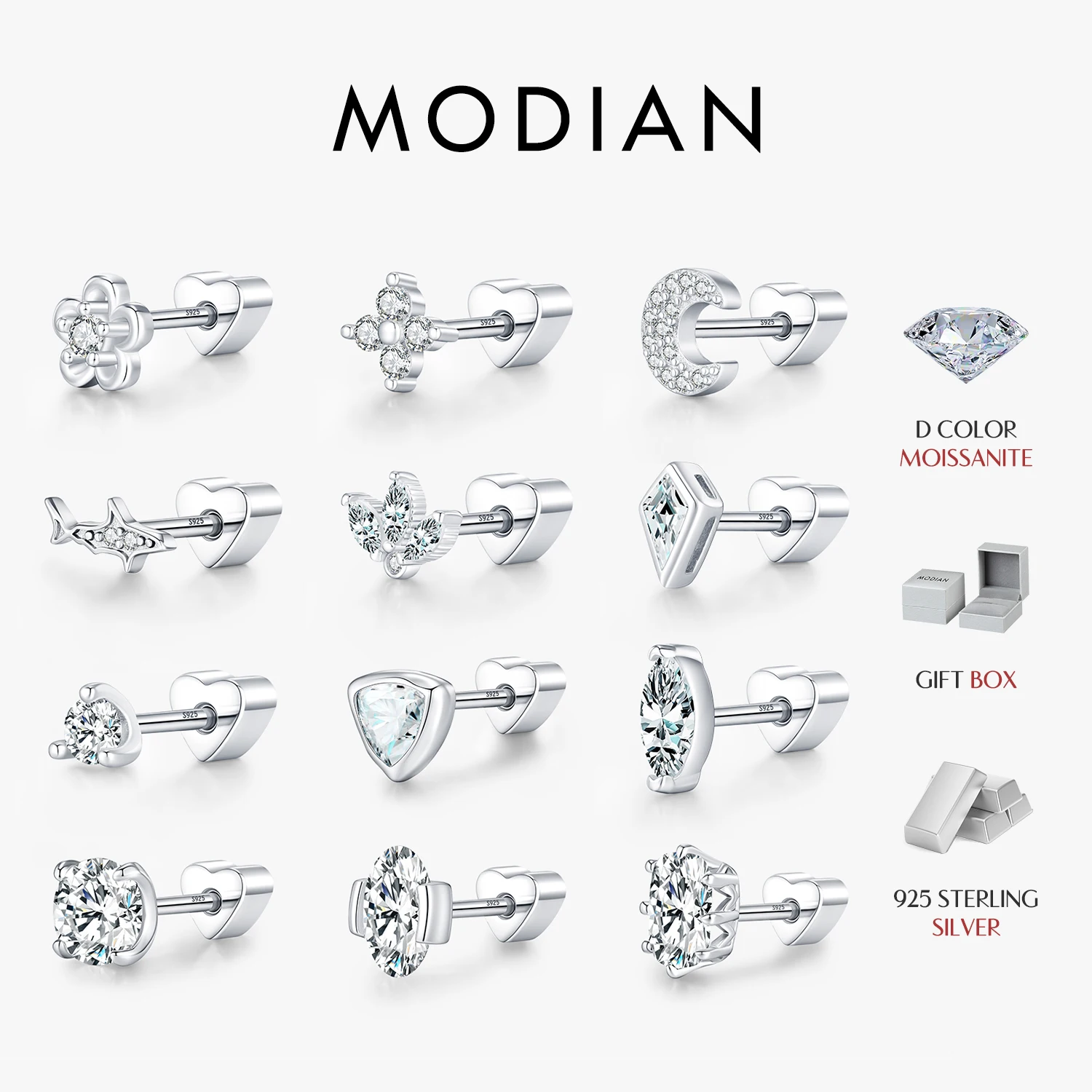 Фото Серьги-гвоздики MODIAN 1PC D Moissanite из стерлингового серебра 925 пробы, многоформные, с винтовым креплением, для женщин, для отпуска, ювелирные украшения №1