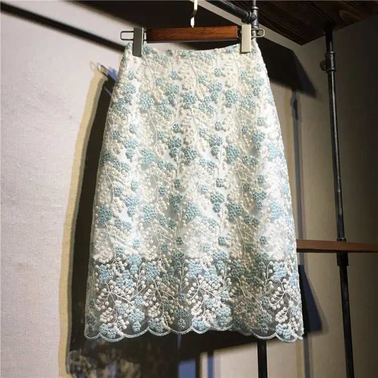 

High Waist Skirt Women Elegant Office Pencil Skirts Korean Style Prairie Chic Mesh Embroidery Lace Skirt