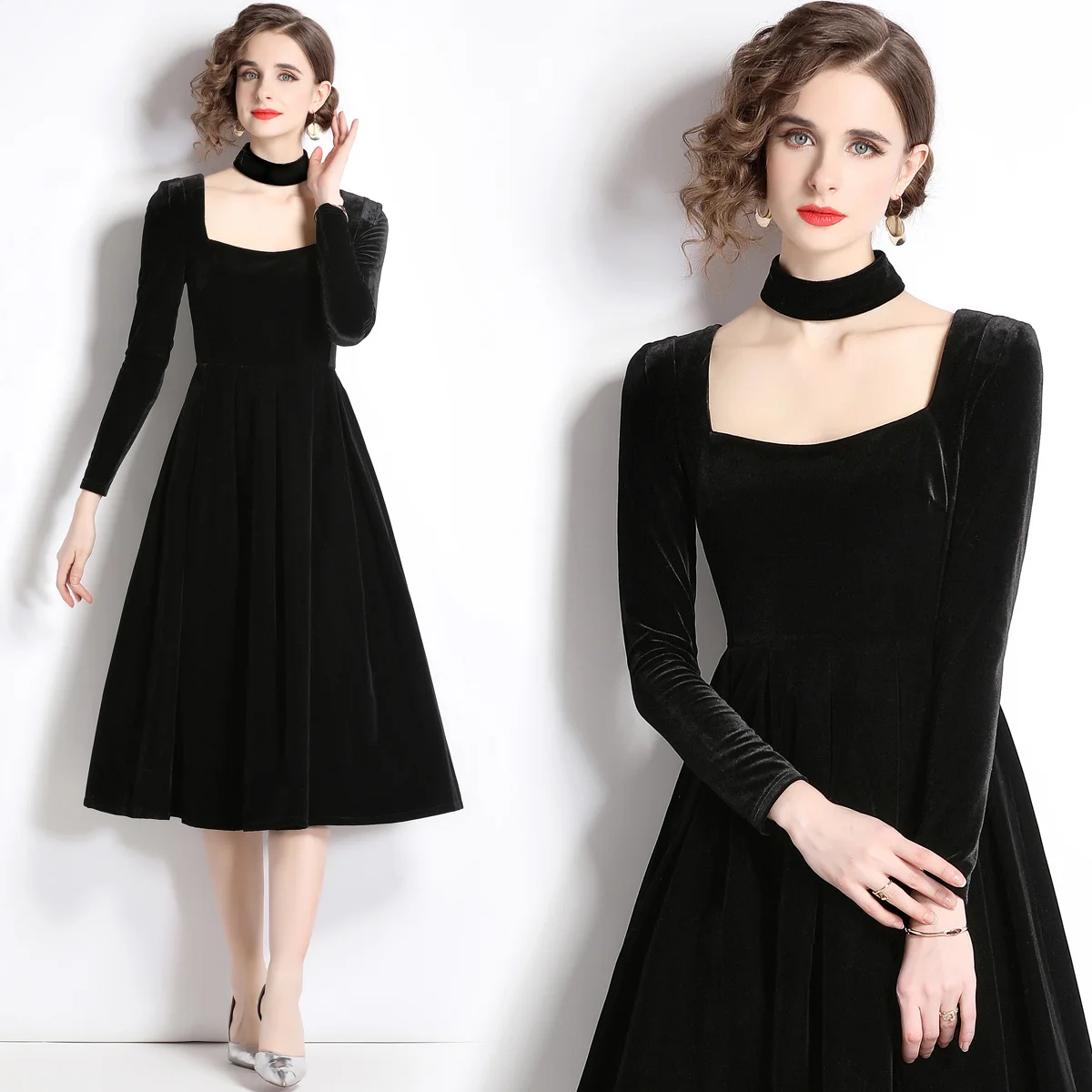 

Осень-зима 2023 стильное черное бархатное платье с квадратным вырезом и длинным рукавом в стиле ретро Хепберн
