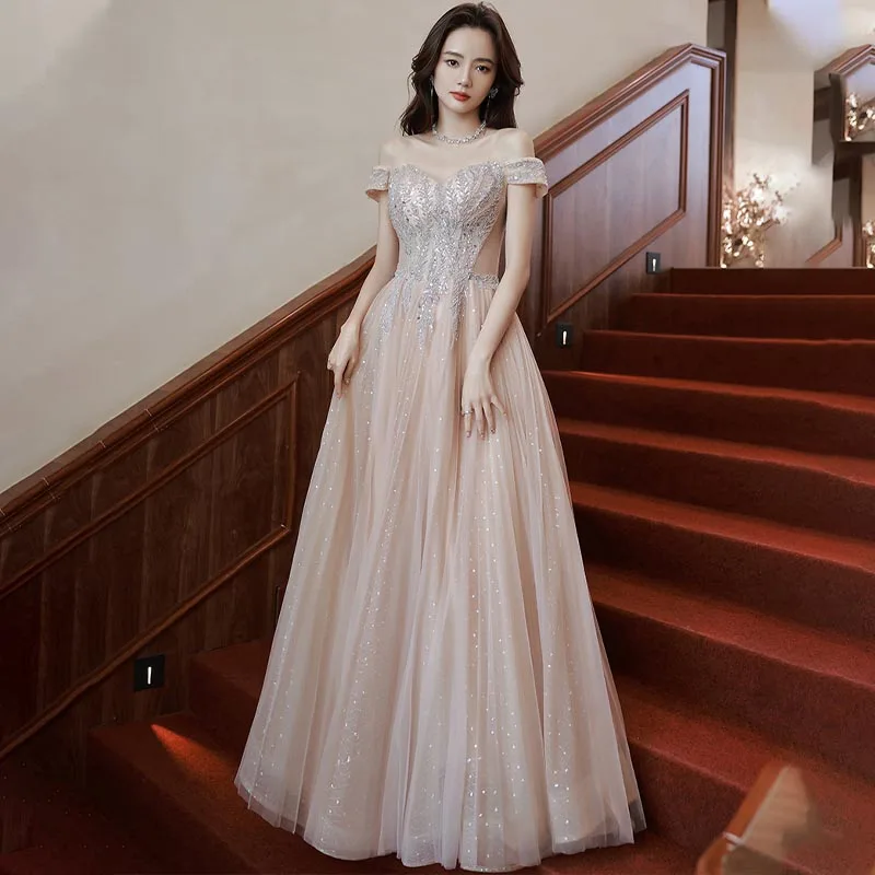 

Evening Dress Boat Neck Short Sleeves Floor-Length Sequins Luxurious A-Line Pleat Lace Up Fashion Woman Formal Party Gown A2436