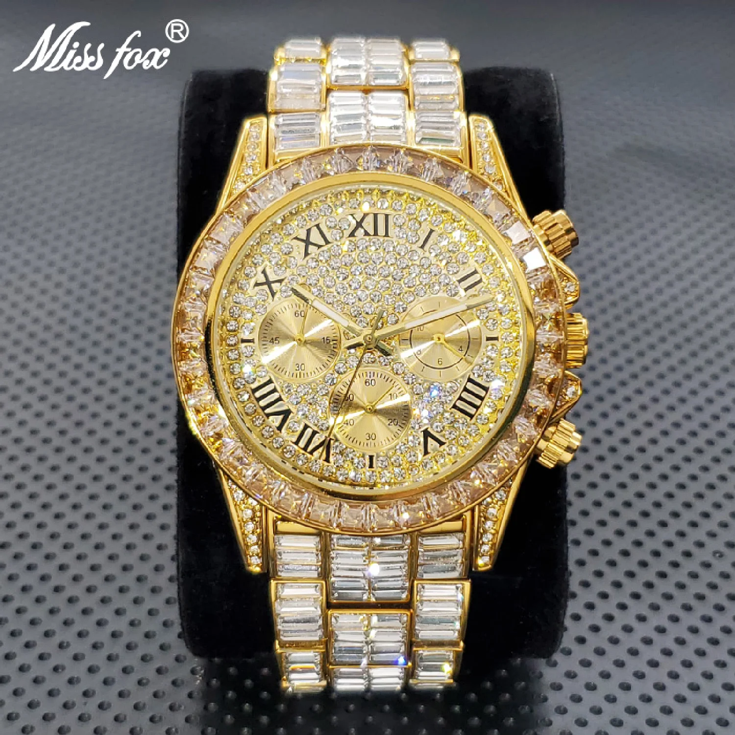 Luxury18K Gold Watch For Men New Rapper Style Bling Chronograph Quartz Timepiece Fashion Round Dial Square Moissanite Clock Man