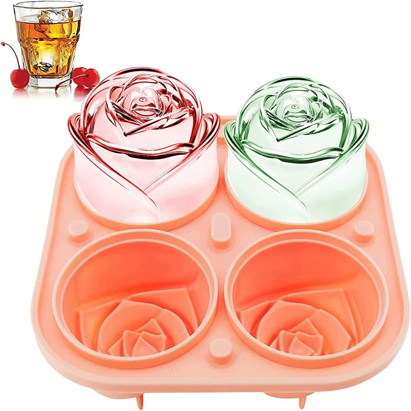 

3D Rose Ice Molds 2.4 Inch Large Ice Cube Trays Make 4 Giant Cute Flower Shape Ice Silicone Rubber Fun Big Ice Ball Maker