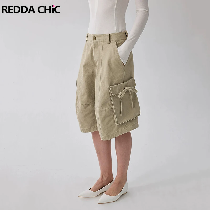 Фото REDDACHiC Летние шорты-карго цвета хаки с ленточными карманами, свободные прямые шорты-бермуды с низкой посадкой, универсальные модные брюки №1