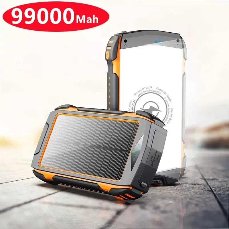 

NEW2023 99000mAh Solar Power Bank Fast Qi Wireless Charger PD18W Powerbank for iPhone 12 S21 Poverbank with Camping Light