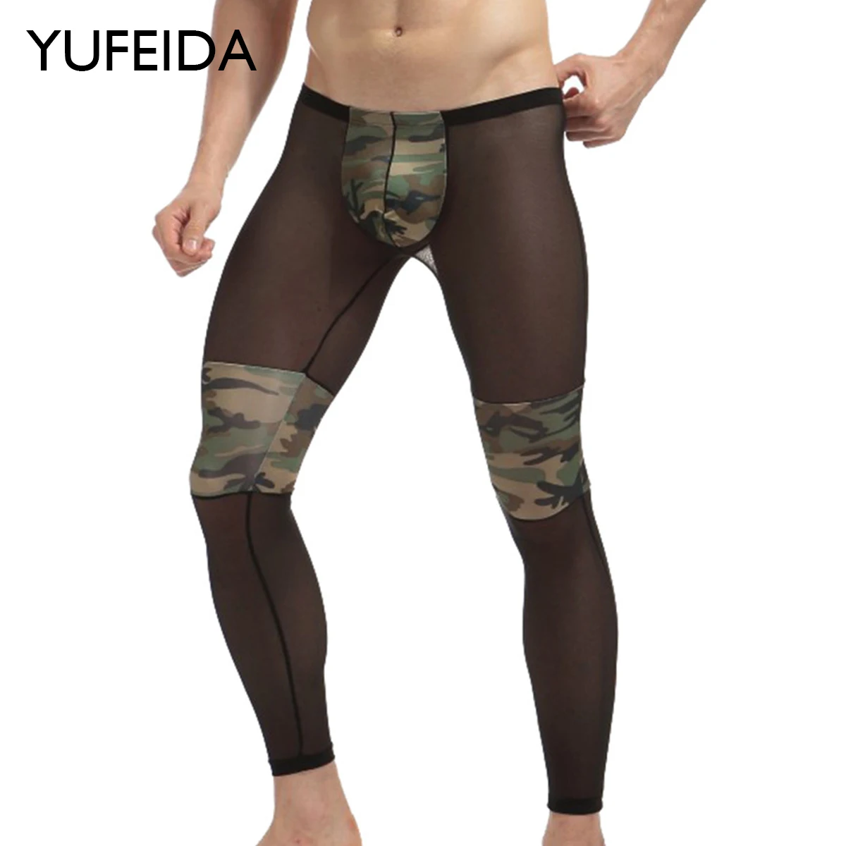 YUFEIDA Mens Sexy Camouslage Mesh Long Johns Sexy Transparent Camouflage Man Sleep Bottom Underwear Lounge Joggers Men Leggings