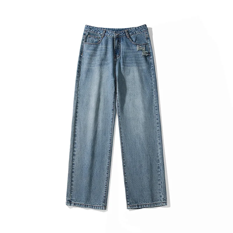 Blue Baggy Jeans Men Fashion Retro Hole Straight Jeans Men Japanese Streetwear Hip-hop Loose Ripped Denim Pants Mens Trousers