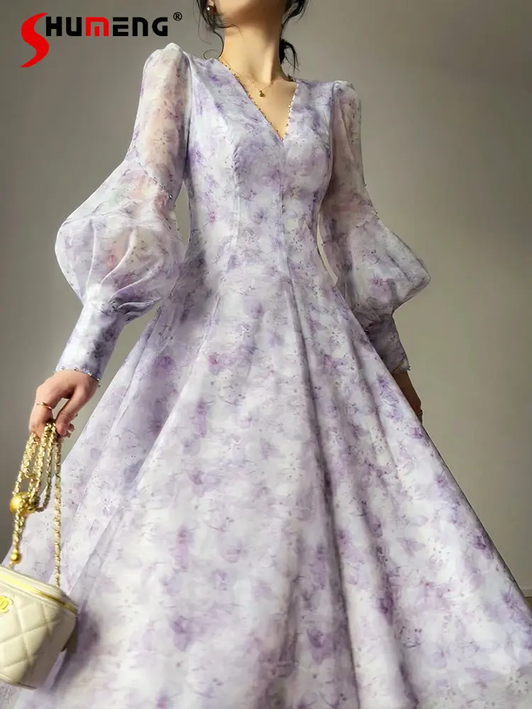 

Luxury Ladies Beaded Puple Midi Dress 2023 Spring New Elegant Women's Deep V Neck Printed Zipper High Waist Large Swing Dresses