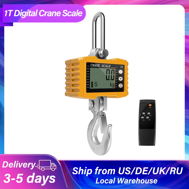 

1000kg Electronic Digital Hanging Scale 1 Ton Industrial Heavy Duty Hook Crane Scale Farm Hunting Fishing Weighing Scales