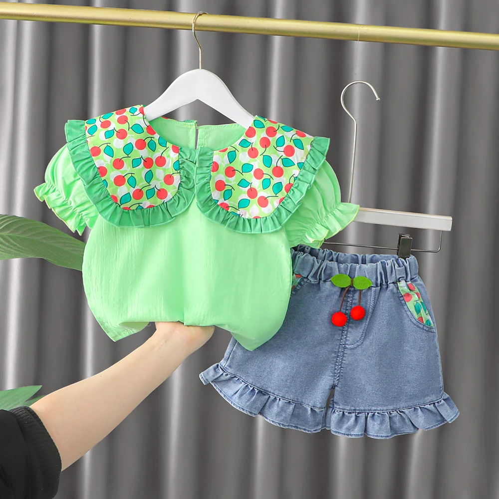 

New Summer Baby Girl Clothes Set Cute Printed Lapel Collar Top + Denim Ruffle Shorts Costume Infant Fashion Clothes Suit