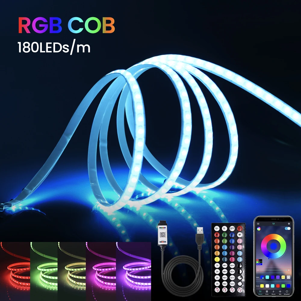 Фото Светодиодная лента COB RGB 5В, 5 мм, 180 светодиодов/м, с Bluetooth-управлением через приложение, 44-клавишным пультом ДУ, USB-контроллером, комплект 0.5/1/2/3/4/5 м с 4-контактными ленточными кабелями №2