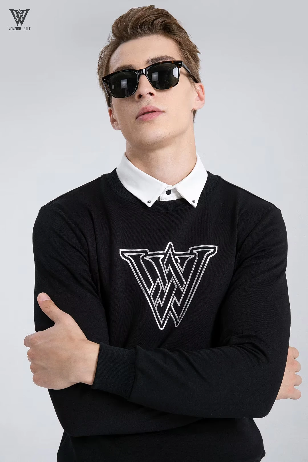 Small brand VONZONE new golf round neck men's long sleeve T-shirt fashion top hoodie black and white sportswear