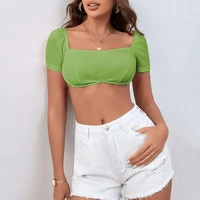 summer new square neck knit green cropped navel top womens casual t shirt basic sexy street style rib black short sleeve top