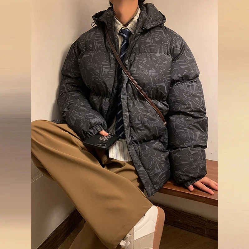 Winter Jacket Men Warm Fashion Printing Thick Hooded Jacket Men  Streetwear Korean Loose Thicken Short Coat Mens Parker Clothes