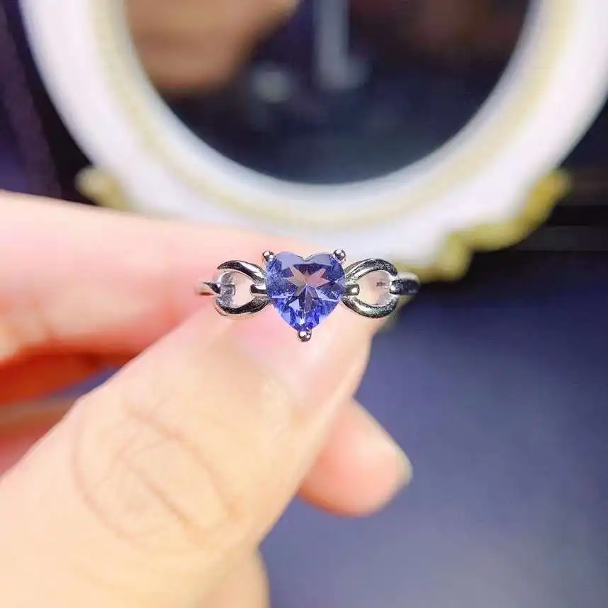 

fashion lovely Hollow heart Peach Natural blue tanzanite Ring S925 Silver Natural gemstone Ring Women's girl gift fine Jewelry