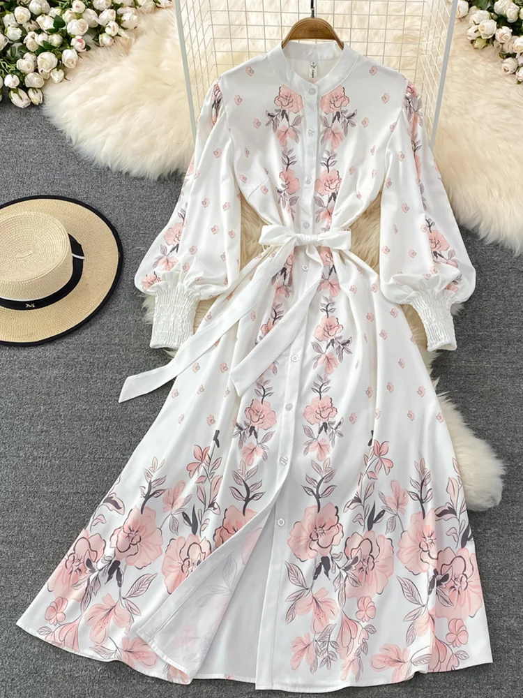 

FTLZZ Spring Autumn Women Stand Collar Single Breasted Puff Sleeve Long Dress Office Lady Sash Tie Up Floral Print Dress