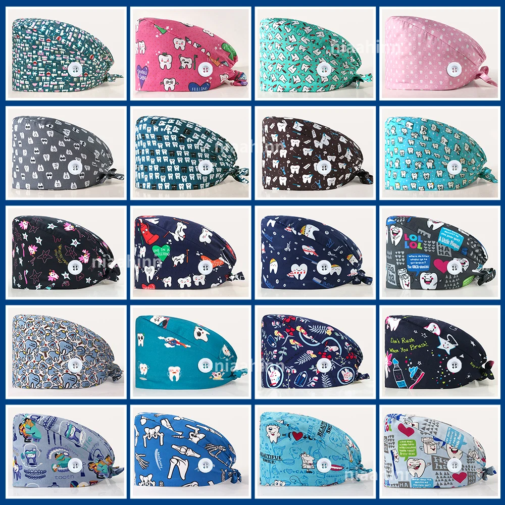 

Унисекс шапка скрабы из чистого хлопка Регулируемые Рабочие Шапки для кормления с пуговицами зубная печать головной шарф буфан Женская хир...