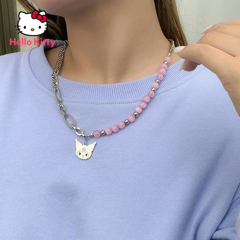 

Hello Kitty Kuromi Cartoon Pendant Necklace Metal Chain Opals Beads Stitching Y2k Street Hip Hop Choker Ladies Charm Jewelry