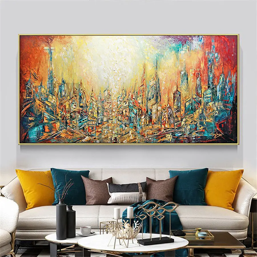 

Monet 100% Hand-Painted Abstract Oil Paintings Future City New York City Canvas Painting Advanced Design Living Room Decoration