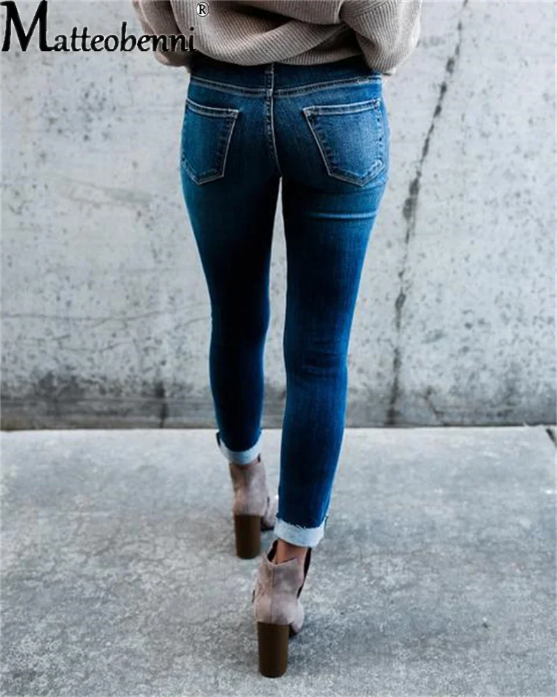 Женские рваные джинсы-карандаш повседневные облегающие брюки из денима с