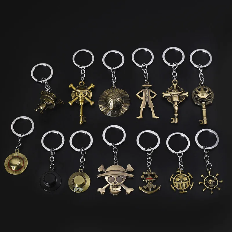

Hotsale One Piece Keychain Creative Metal Luffy Pirate Pendant Car Keyring Straw hat skull Anchor Jewelry For Men Women