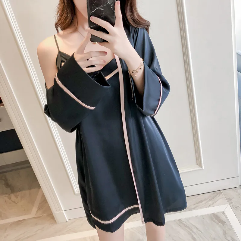 

Модные стильные комплекты для отдыха, женская шелковая ночная рубашка-комбинация на весну и осень с халатами, комплект из двух предметов, по...