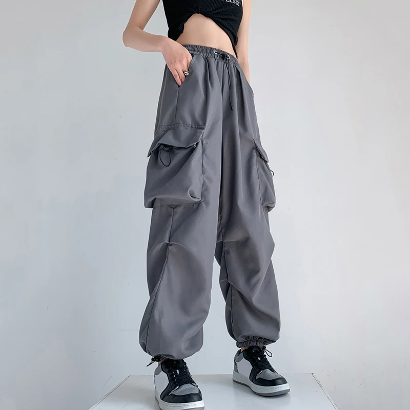 

Fashion Streetwear Women Cargo Pants Y2K High Waist Hip Hop Wide Leg Pants Woman Black Gray Drawstring Baggy Trousers Female