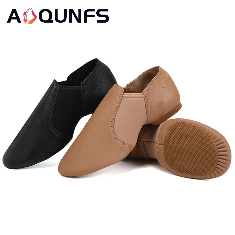 

AOQUNFS Genuine Leather Jazz Dance Shoes Tan Black Antiskid Sole Jazz Shoes Slip On Adults Dance Sneakers For Girls Women