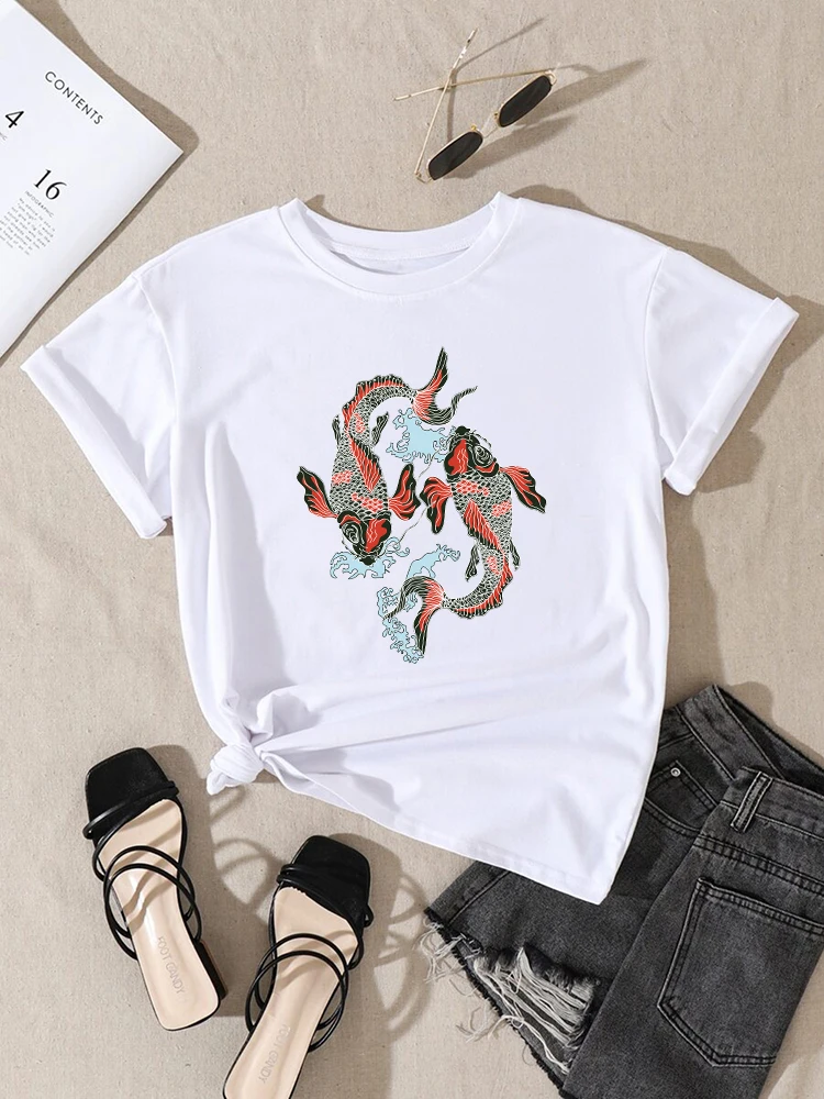 

Japanese Two Totem Koi Printing Female t-Shirts Summer Breathable Clothing Fashion Style Tee Shirts Crewneck Casual Women Tshirt