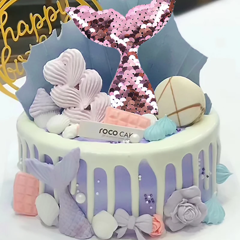 

5pcs Lovely Sequins Mermaid Tail Card Decorations Dessert Cake Mermaid Party Theme Cake Plug-in Pearl Fish Tail Decor Supplies