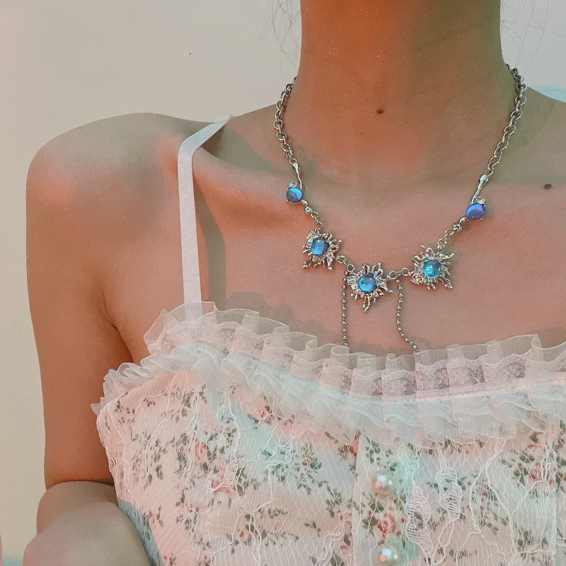 

Silver Color Bohemian Blue Crystal Bling Tassel Choker Necklace Party Jewelry