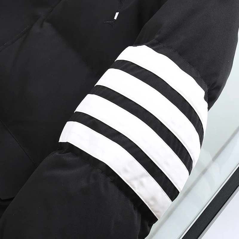 TB THOM Men Down Jacket Fashion Korean Design White Striped Winter Coat High Quality Streetwear Hooded Warm Men Clothes