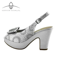 silvery wedding pumps heels bride bridesmaid silver dressy sandal slingbacks bowknot rhinestone chunky platform sandal for women