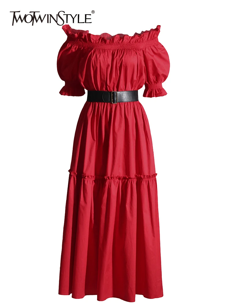 

TWOTWINSTYLE Elegant Dresses For Women Slash Neck Short Sleeve High Waist Folds Patchwork Belt Folds Slim Dress Female Autumn