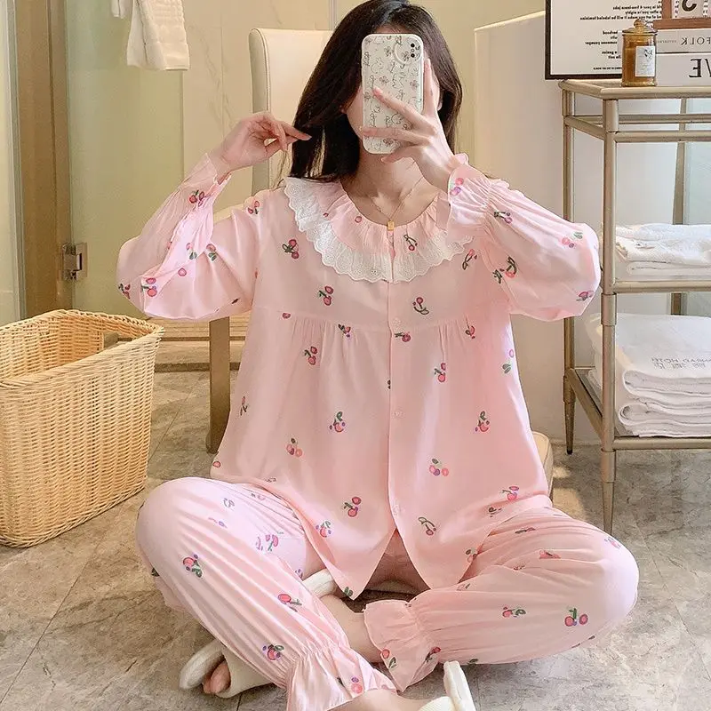 1 Spring and autumn new cotton silk pajamas women's thin suit cardigan plaid cardigan cotton home clothes