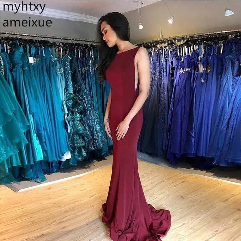 

party dress Sexy Long Burgundy Red Prom Dresses Scoop Custom Neck Backless Elastic Satin Formal Mermaid Style Sweep Train Gowns