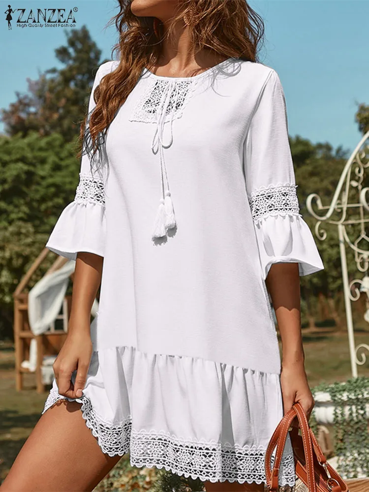 

ZANZEA Casual Summer Sundress Tassel Round Neck Short Robes Women 3/4 Flare Sleeve Mini Dress Holiday Lace Insert Loose Vestidos