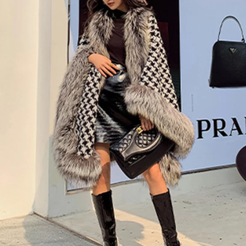 2023 Autumn and Winter Faux Fur Coat Women Loose Casual Houndstooth Thickened Double-sided Wear Temperament Ladies Shawl Hair
