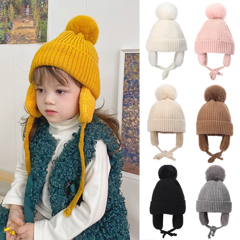 

Winter Kids Knit Hat Cute Wool Plush Lining Infant Hats for Boys Girls Big Pompom Baby Beanie with Earflap Warm Accessories 2-6Y
