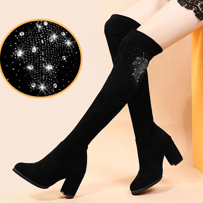 

2022 Fashion Crystal Over The Knee Boots for Women Winter Short Plush Warm Thigh High Boots Woman Slip-On Sexy High Heels Botas