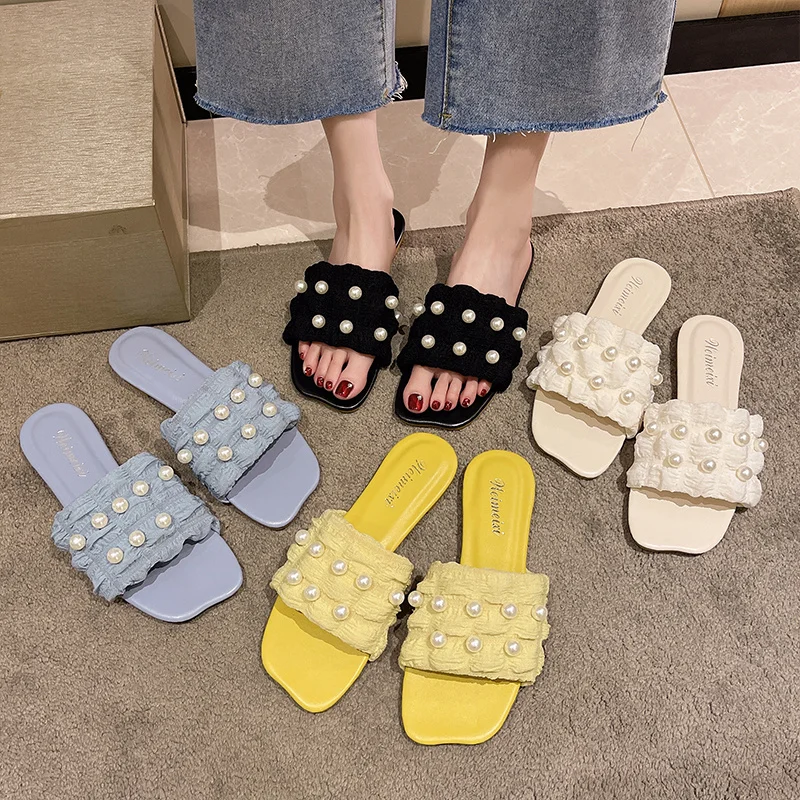 

Shoes Woman 2022 String Bead Female Slippers Low Luxury Slides New Soft Flat Designer Basic Cotton Fabric Fashion PU Shoes Woman