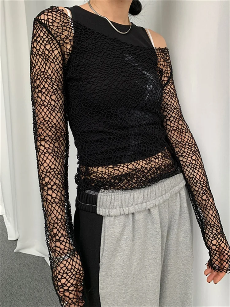 

2023 New Fishnet Hollow Out Gothic Casual T-shirts Women Grunge Long Sleeve Skew Neck Crop Tops Y2k See Through Sexy Streetwear